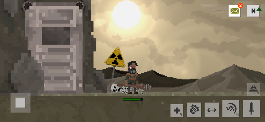 A 2D pixel art character standing in a post apocalyptic wasteland near a vault entrance and a radiation sign