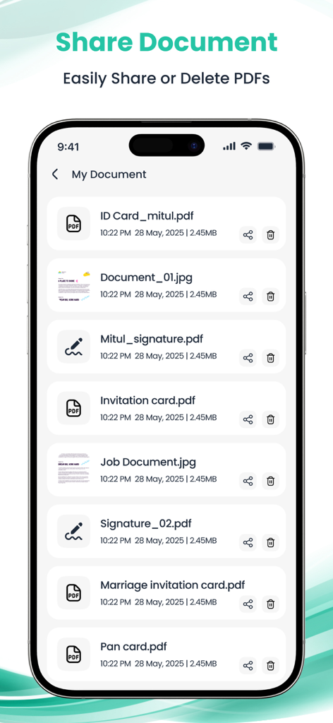 OKEN - CamScanner, PDF scanner - Interface de l'application OKEN montrant une liste de documents numérisés avec des boutons de partage et de suppression.