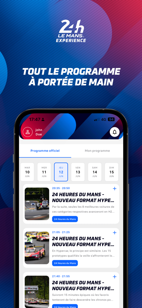 Un smartphone affichant l'application 24h Experience avec le programme officiel des événements de la course des 24 Heures du Mans