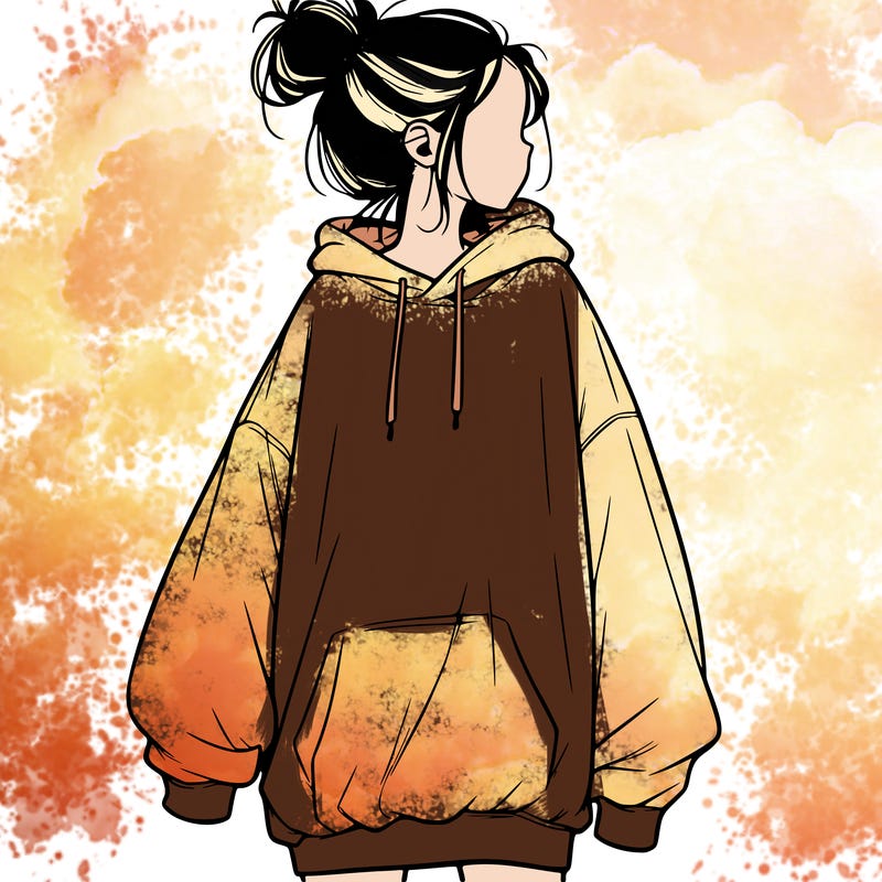 realistic girl with a oversized sweatshirt on and a bun