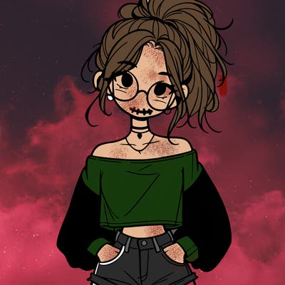 girl with a messy ponytail glasses a baggy crop top and jean shorts