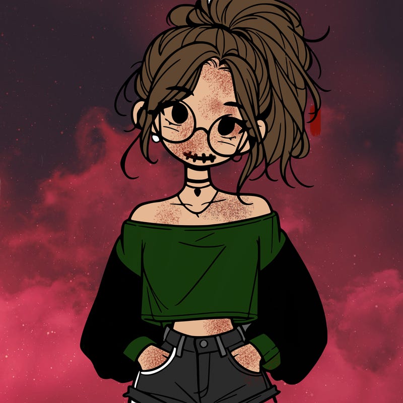 girl with a messy ponytail glasses a baggy crop top and jean shorts