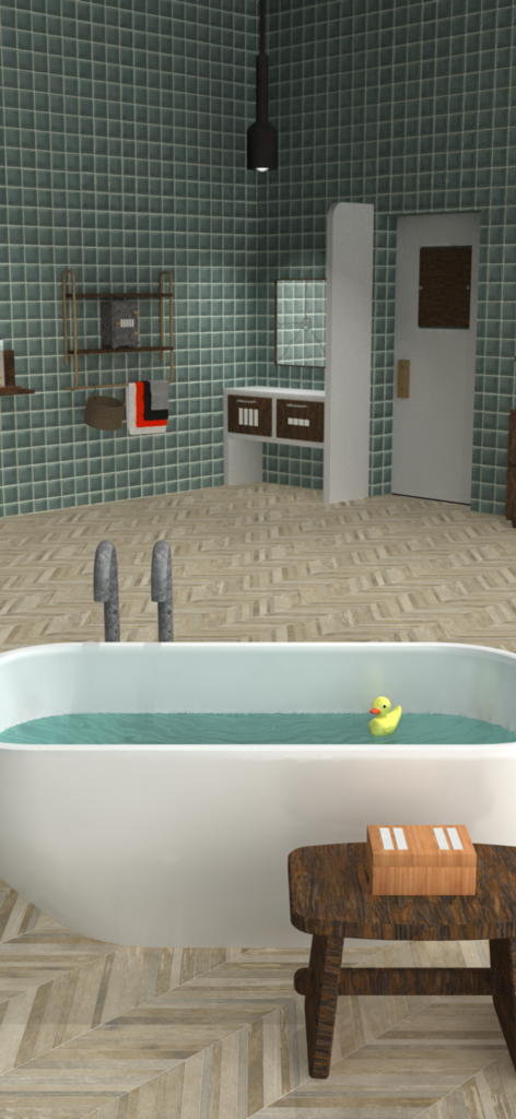 Un livello di puzzle a tema bagno in Room Escape Game-EXiTS- con una vasca da bagno con una paperella di gomma e una scatola enigmistica su uno sgabello.