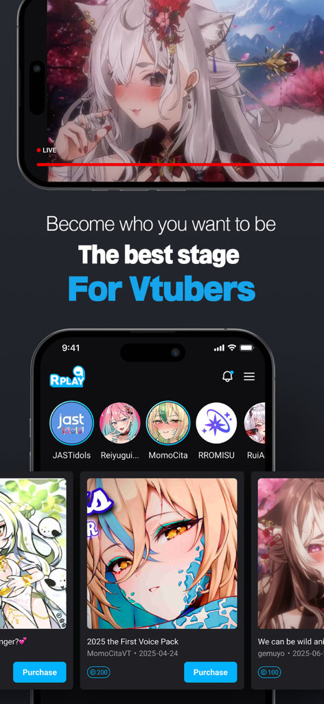 R-PLAY - R-PLAY mobile app interface showing a Vtuber live stream and anime creator profiles