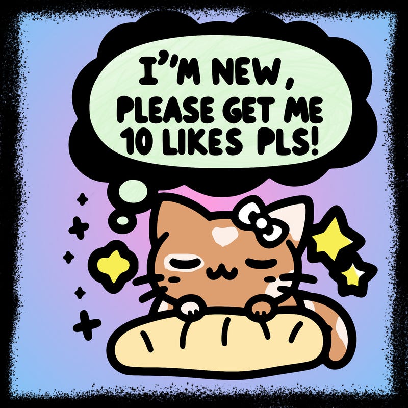 kitty taking a nap dream talking and saying "i'm new, please get me at least 10 likes pls!!"