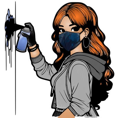 realistic girl with mask spray painting a wall