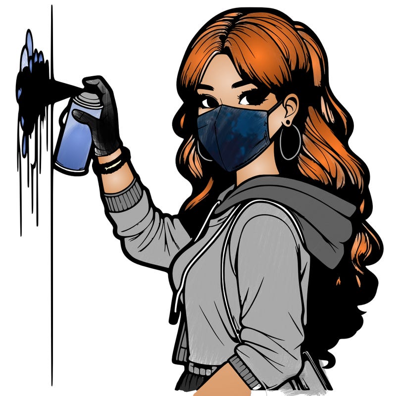 realistic girl with mask spray painting a wall