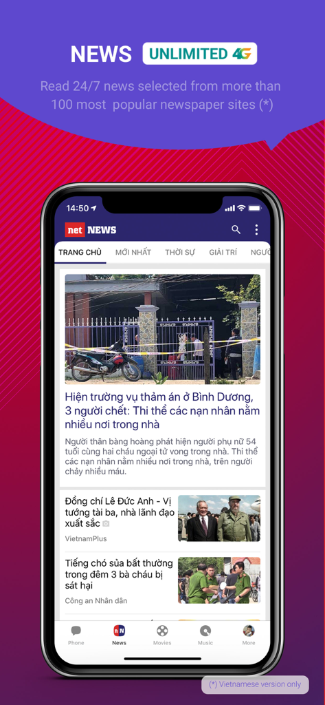 La sección de noticias de la aplicación Mocha mostrando artículos vietnamitas y un titular sobre lectura de noticias ilimitada 4G.