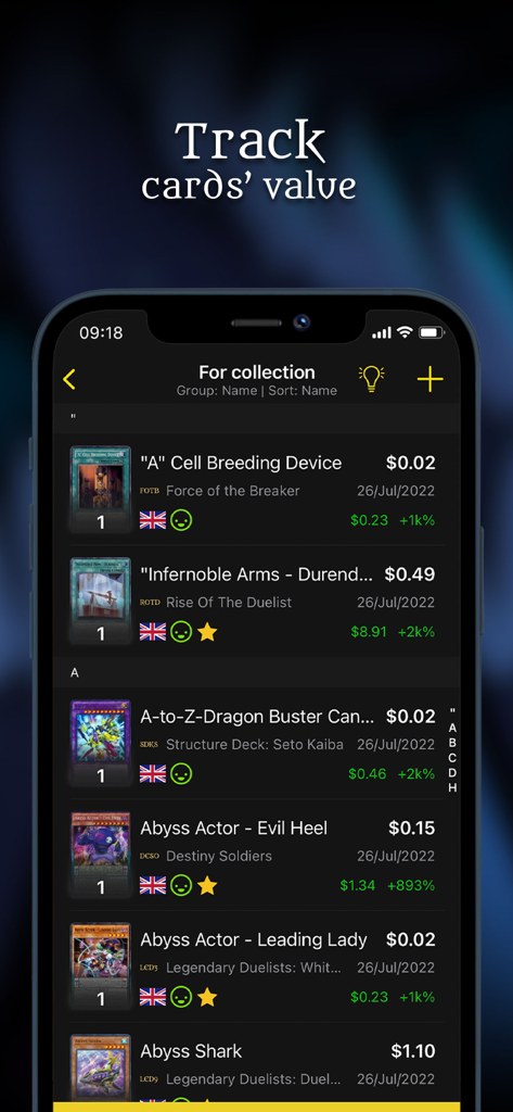 YGO Scanner - Dragon Shield - A list of Yu-Gi-Oh cards showing current market prices and value trends in the Dragon Shield scanner app