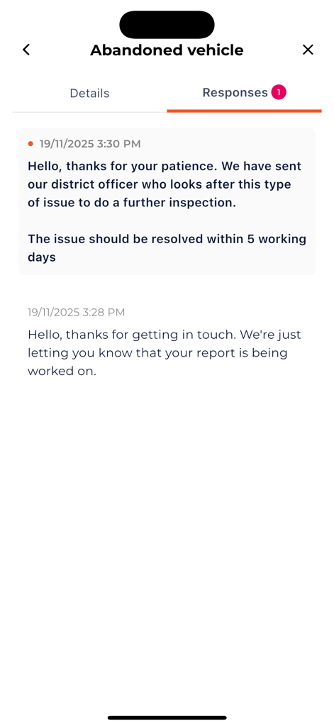 Benutzeroberfläche der Antenno-App mit offiziellen Updates und Rückmeldungen zu einer Meldung über ein verlassenes Fahrzeug