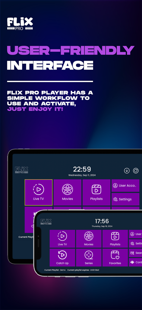 Flix Pro Player - Flix Pro Player user interface displayed on a tablet and a smartphone