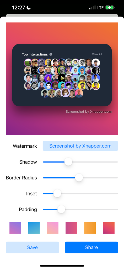 Xnapper - Beautiful Screenshot - Interfaz de la aplicación Xnapper que muestra herramientas de edición de capturas de pantalla para sombra, radio de borde, relleno y fondos degradados