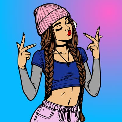 realistic teenage girl with braids and a beanie and crop top doing 🫶🏼