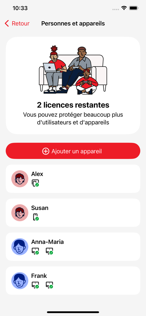 Pantalla que muestra miembros de la familia y dispositivos protegidos por la aplicación Darty Securite