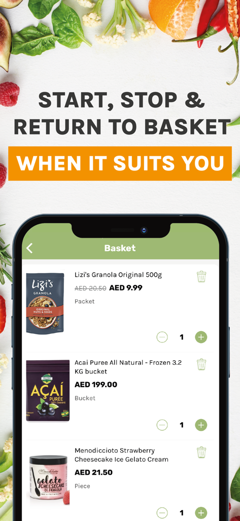QualityFood: Grocery Delivery - QualityFood app basket screen showing premium grocery items like granola and acai