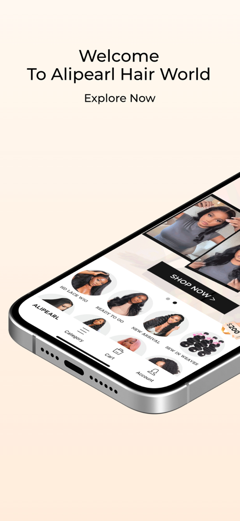 Alipearl: Best Human Hair Wigs - Alipearl Hairモバイルアプリのインターフェースを表示するスマートフォン。HDレースウィッグや新着アイテムのカテゴリが表示されています。
