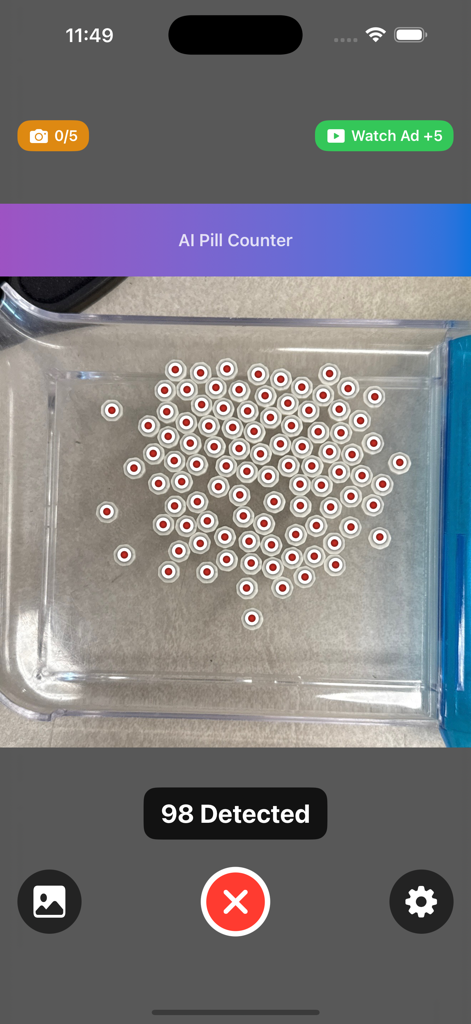 AI Pill Counter interface showing 98 detected pills marked with red dots for verification