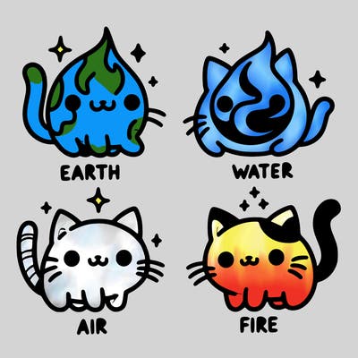 4 cats that represent the different elements, earth, water, air, and fire