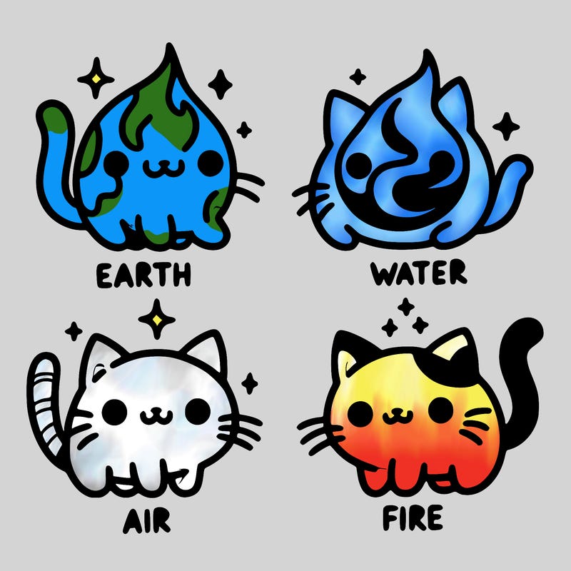 4 cats that represent the different elements, earth, water, air, and fire