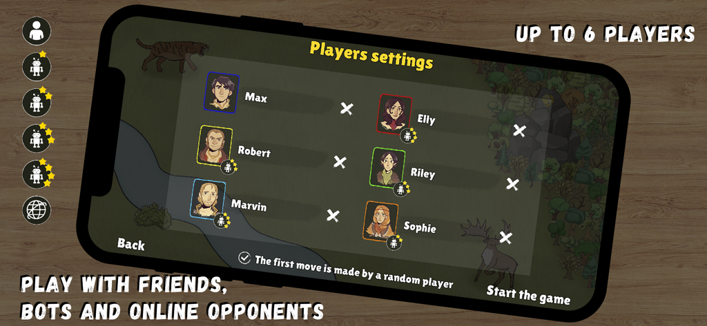 Hunters and gatherers - Pantalla de configuración de jugadores en el juego Cazadores y Recolectores mostrando la selección multijugador con opciones para amigos, bots de dificultad variable y oponentes en línea para hasta 6 jugadores.