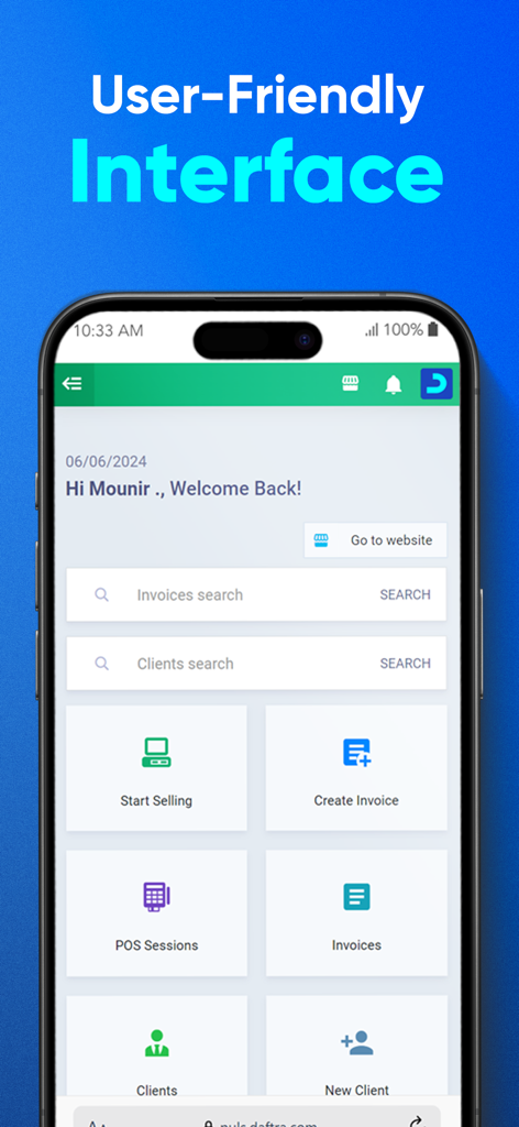 دفترة - برنامج المحاسبة - Daftra mobile app interface showing business management dashboard with invoice and client tools