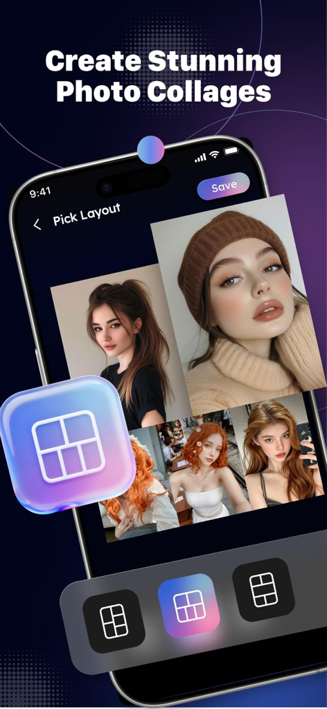 SnapMaster: Storage Cleaner - SnapMaster app interface showing photo collage creation with multiple layout options