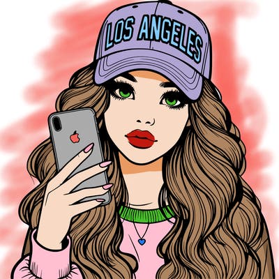 realistic beautiful girl wearing los ángeles cap holding an iphone