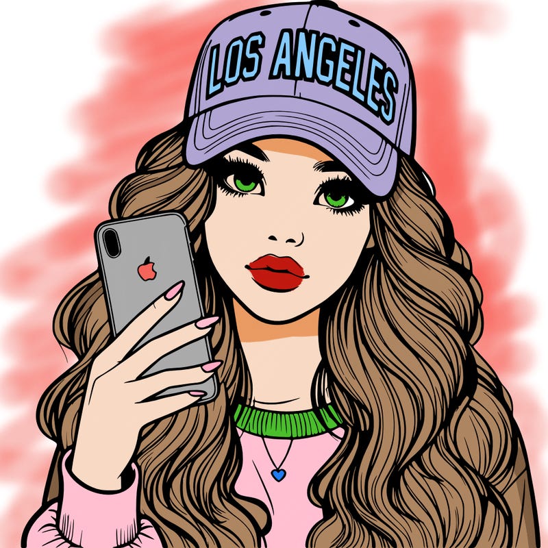 realistic beautiful girl wearing los ángeles cap holding an iphone