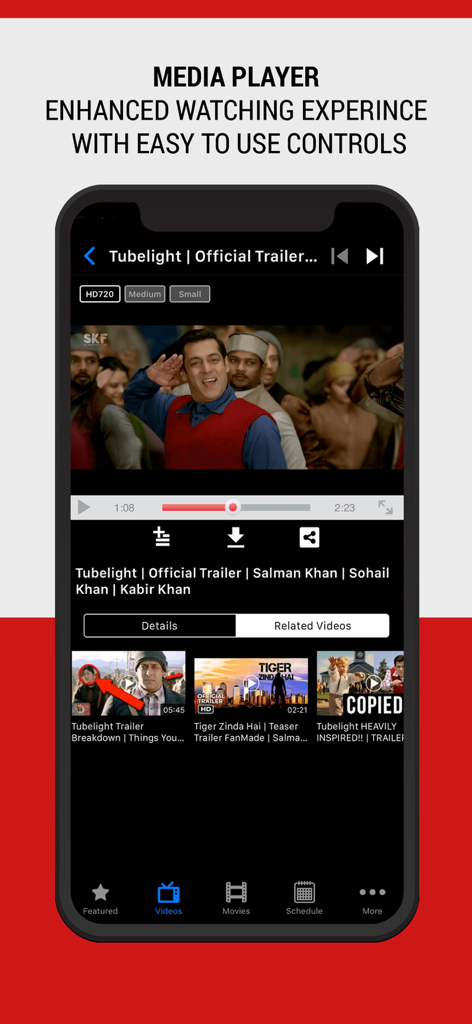 IndiaTVShowz - Bollywood App - Media player interface of the IndiaTVShowz app showing a Bollywood movie trailer.