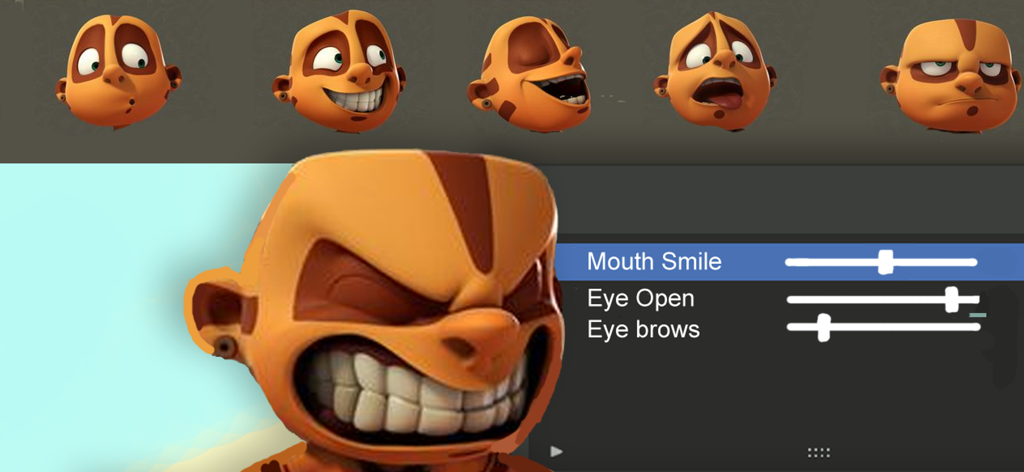 Interface for editing 3D character facial expressions in AnimeTok 3D showing sliders for smile and eyes