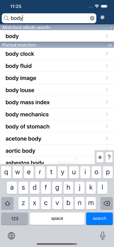 American Heritage® Medical - A search result list for the term body in the American Heritage Medical dictionary app interface