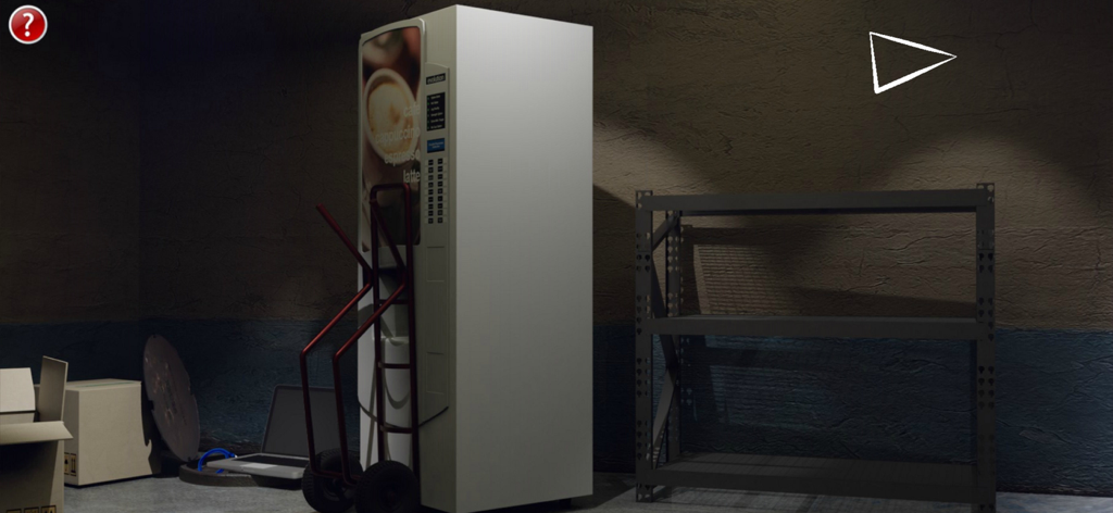 Escape Prison 2 adventure game - A dark storage room with a coffee machine and metal shelves in the Escape Prison 2 adventure game