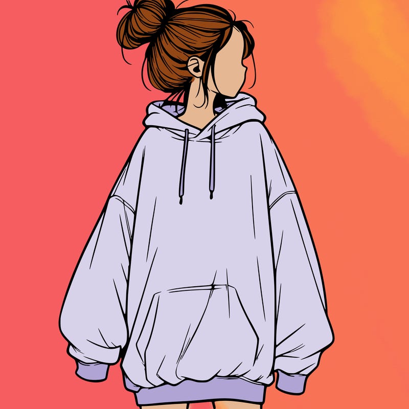 realistic girl with a oversized sweatshirt on and a bun