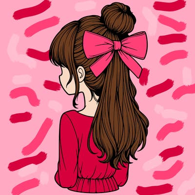 realistic girl  with hip length hair a bun and a big bow on the back of head