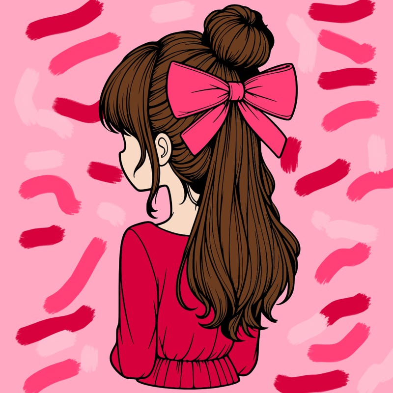 realistic girl  with hip length hair a bun and a big bow on the back of head