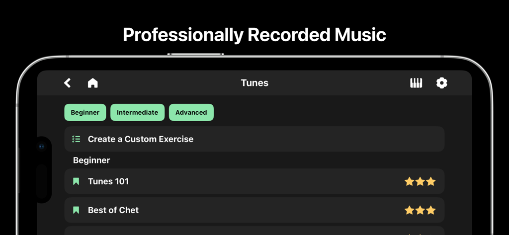 Interface of the Chet ear training app showing a library of professionally recorded music tunes with beginner intermediate and advanced levels