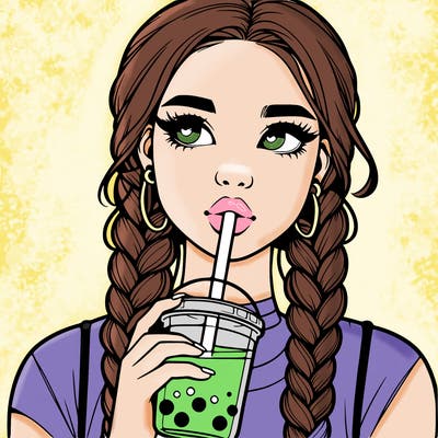 realistic girl with braided hair drinking boba
