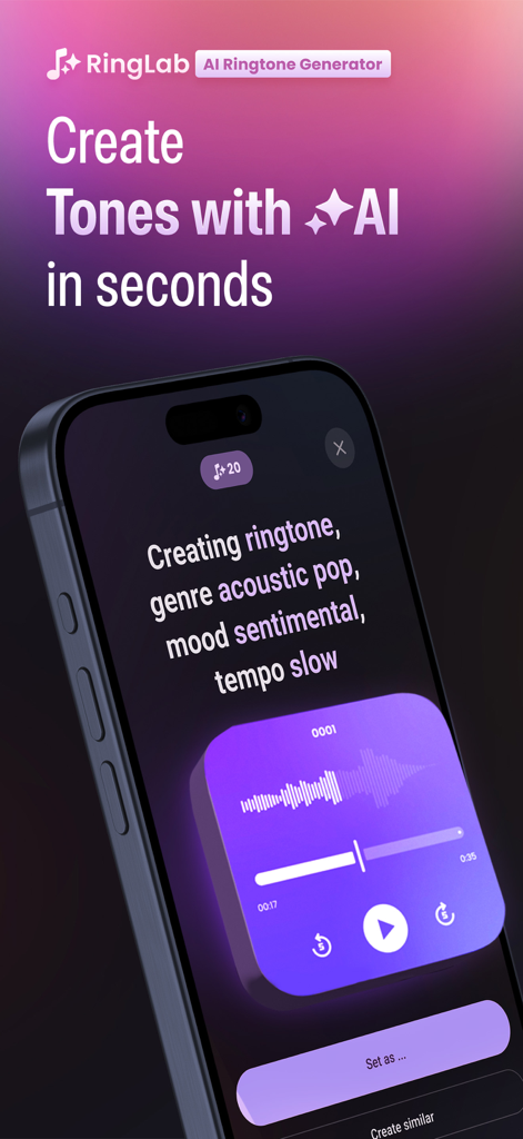 Ai Ringtone Generator: RingLab - AI Ringtone Generator app interface showing a sentimental acoustic pop ringtone creation