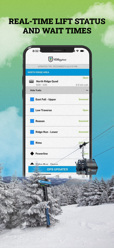 Killington Resort - Killington Resort mobile app showing real-time ski lift status and trail wait times
