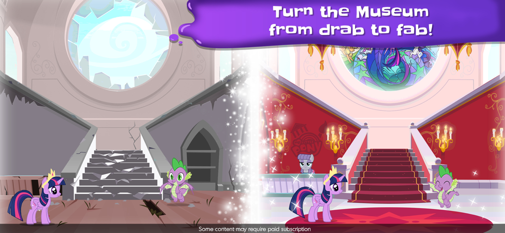 My Little Pony Color By Magic - Un confronto prima e dopo che mostra la ristrutturazione del Museo dell'Amicizia con Twilight Sparkle e Spike