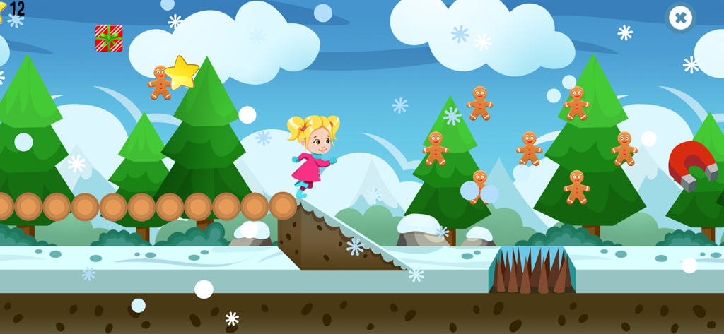 Like Nastya Game - Nastya character running in a snowy forest level with gingerbread men and spikes