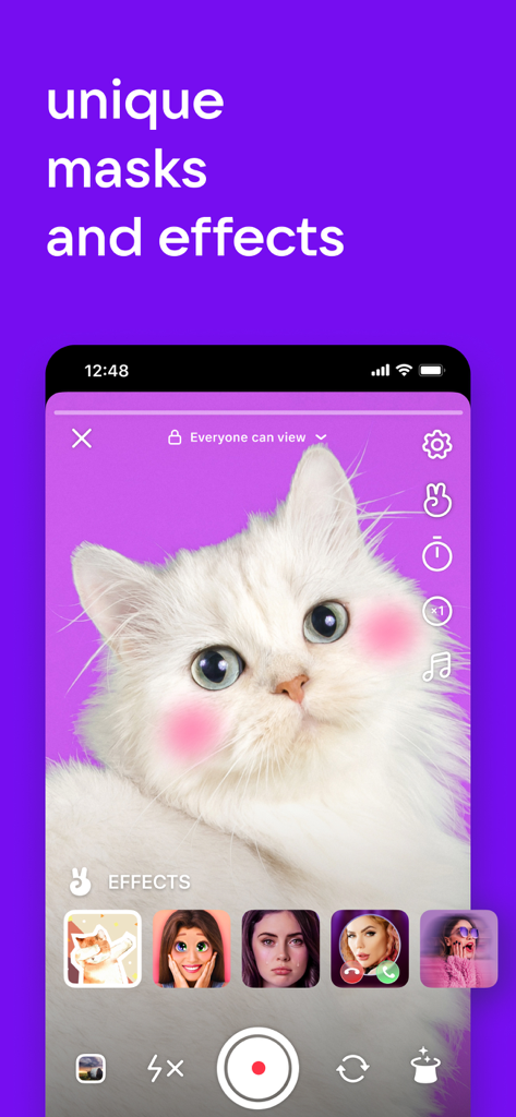 VK Clips App-Oberfläche, die eine Katze mit rosa Wangenfiltern und einer Auswahl an einzigartigen Videoeffekten und Masken zeigt