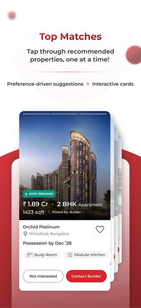 Screenshot of Magicbricks app showing recommended property cards for high demand apartments in Bangalore