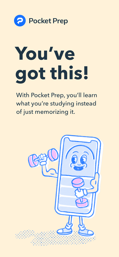 Pocket Prep Fitness app intro screen showing a cartoon smartphone character lifting weights