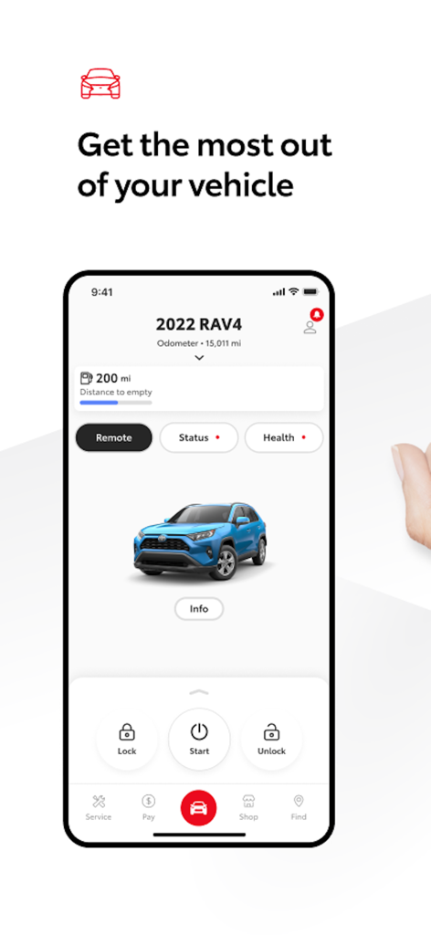 Toyota mobile app dashboard showing remote start and lock controls for a RAV4 vehicle