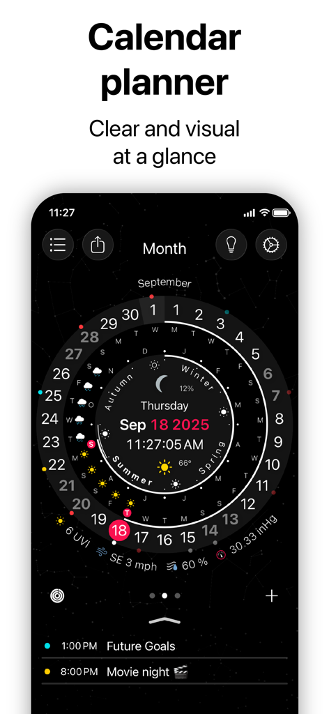 CircleTime App zeigt einen kreisförmigen 24-Stunden-Kalender mit Mondphasen und Wetter
