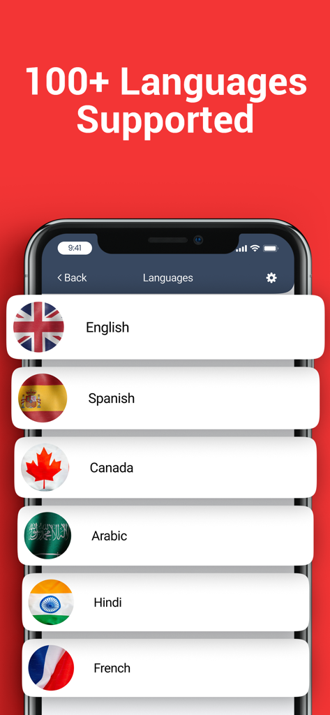 A mobile app interface displaying a list of supported languages including English Spanish and Hindi with their respective national flags