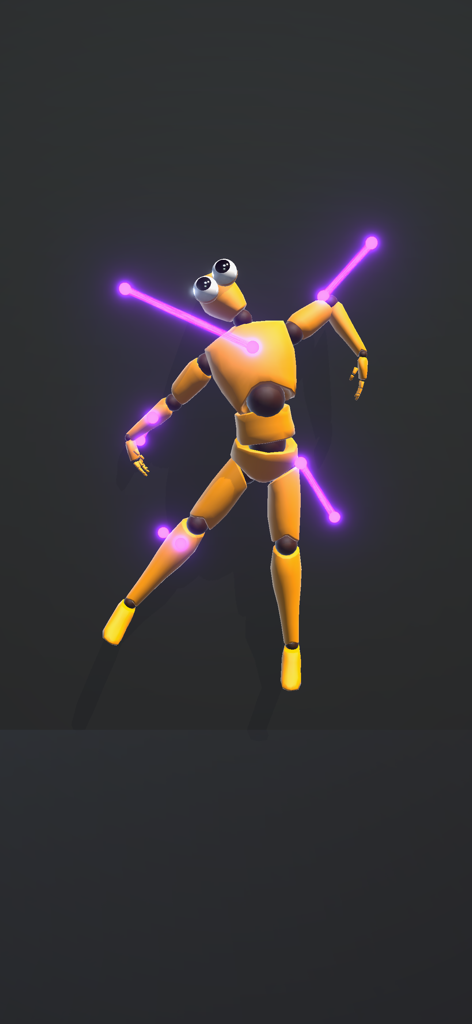 Elastic Playground:Ragdoll Fun - Un personaggio ragdoll giallo teso da elastici viola luminosi in un gioco sandbox fisico.