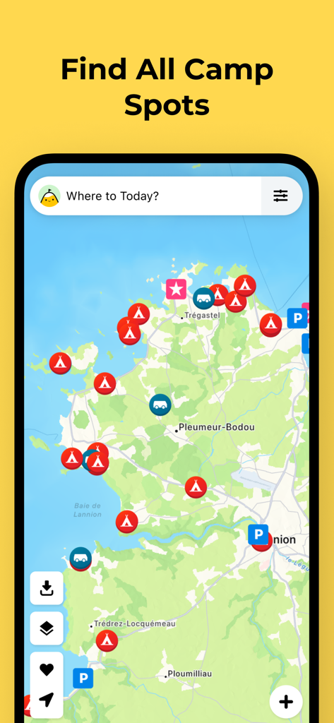 A map interface within the Campy app displaying multiple camping and RV spots along a European coastline