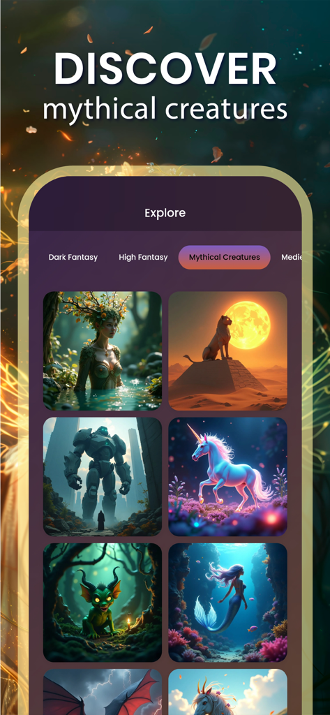 Fantasy AIアプリに、ユニコーン、人魚、森の精霊のような神話上の生き物がAIによって生成されたファンタジーアートのギャラリーが表示されている